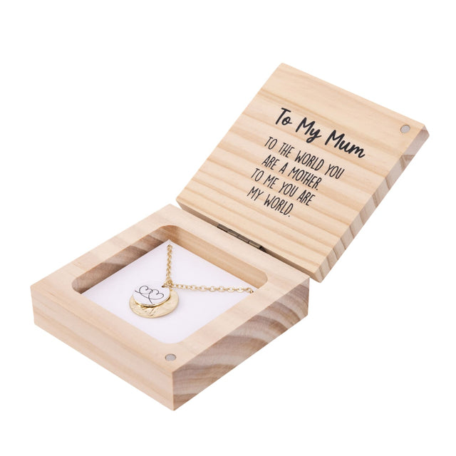 Side angle of Splosh Heart & Soul Necklace – To My Mum gift box, highlighting the detailed gold-plated necklace and engraved message card inside.