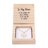 Splosh Heart & Soul Necklace – To My Mum displayed in an open wooden gift box with gold-plated necklace and heartfelt message card inside.