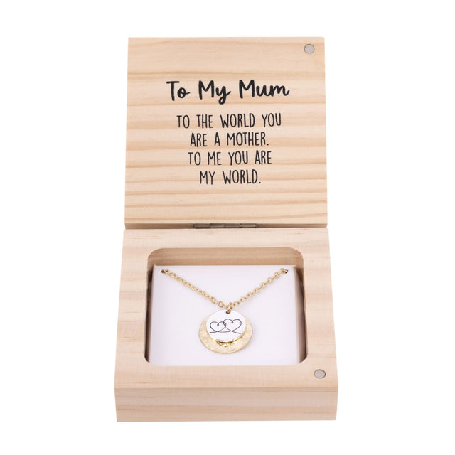 Splosh Heart & Soul Necklace – To My Mum displayed in an open wooden gift box with gold-plated necklace and heartfelt message card inside.