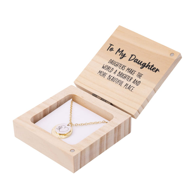 Side angle of the Splosh Heart & Soul Necklace – To My Daughter gift box, highlighting the delicate gold-plated necklace and printed message card inside.