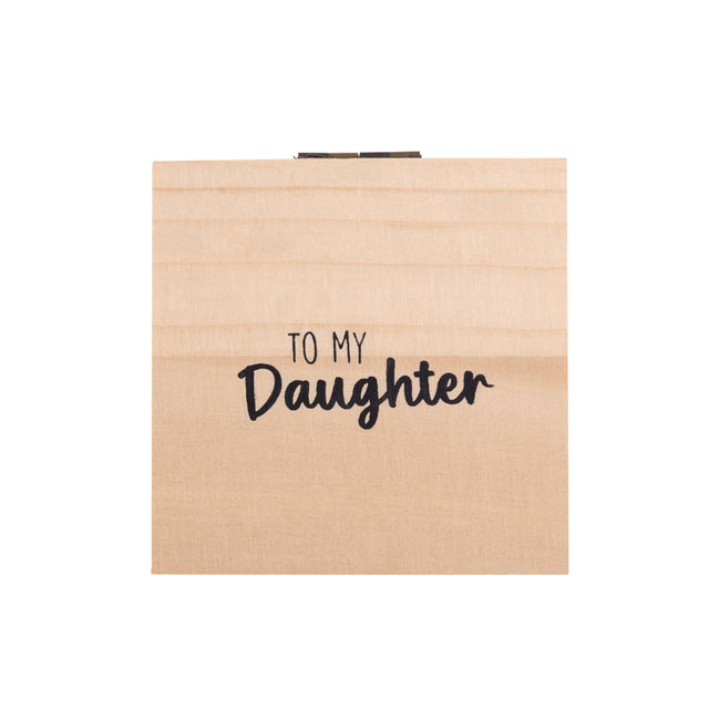 Closed Splosh Heart & Soul wooden jewellery box with elegant “To My Daughter” message on the lid, ready for gifting as a sentimental keepsake.