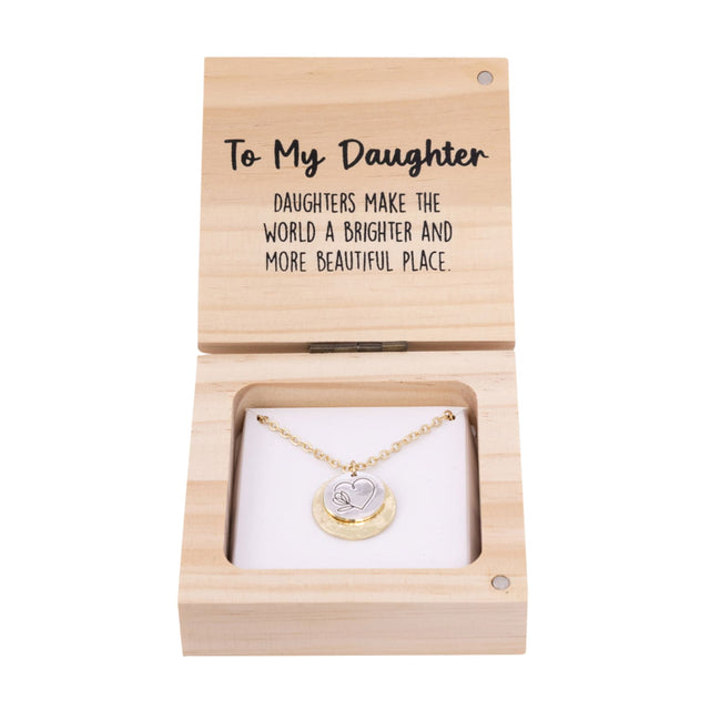 Splosh Heart & Soul Necklace – To My Daughter displayed in an open wooden gift box with gold-plated necklace and heartfelt message card inside.