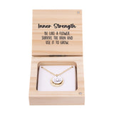 Splosh Heart & Soul Necklace – Strength displayed in an open wooden gift box with gold-plated necklace and “Inner Strength” message card inside.