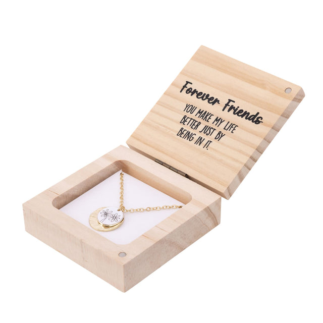 Side angle of Splosh Heart & Soul Necklace – Friends gift box, highlighting the gold-plated necklace and “Forever Friends” message card inside.