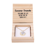 Splosh Heart & Soul Necklace – Friends displayed in an open wooden gift box with gold-plated necklace and “Forever Friends” message card inside.