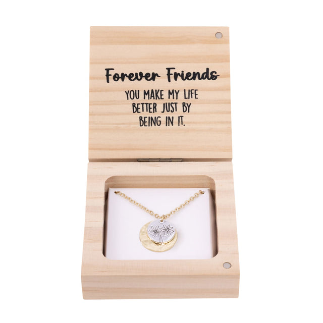 Splosh Heart & Soul Necklace – Friends displayed in an open wooden gift box with gold-plated necklace and “Forever Friends” message card inside.