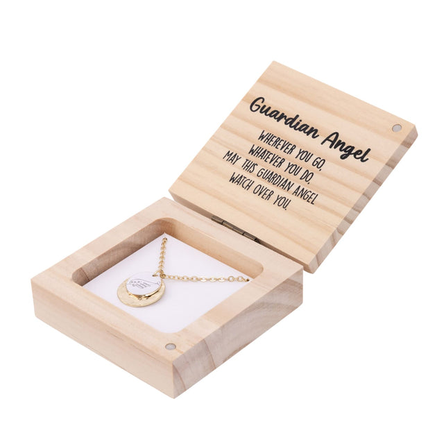 Side angle of Splosh Heart & Soul Necklace – Guardian Angel gift box, highlighting the gold-plated necklace and heartfelt “Guardian Angel” message card inside.