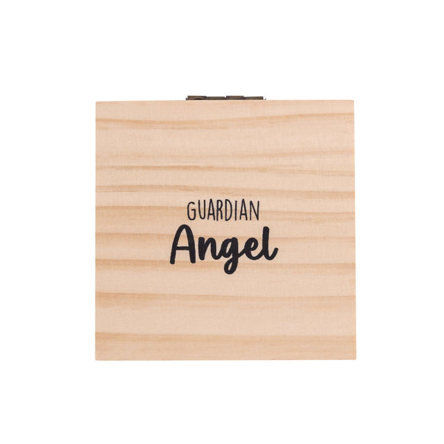 Closed Splosh Heart & Soul wooden jewellery box with elegant “Guardian Angel” message on the lid, symbolising love, protection, and guidance.