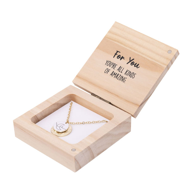 Side angle of Splosh Heart & Soul Necklace – For You gift box, highlighting the gold-plated necklace and uplifting “For You” message card inside.