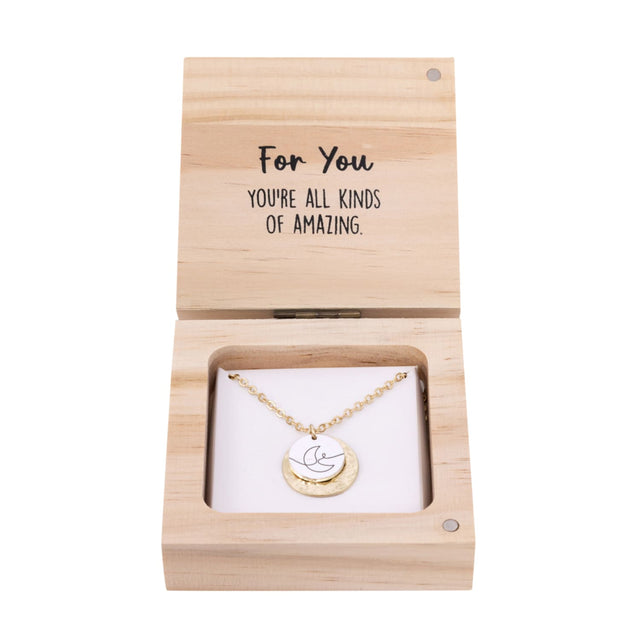 Splosh Heart & Soul Necklace – For You displayed in an open wooden gift box with gold-plated necklace and “For You – You’re all kinds of amazing” message card inside.