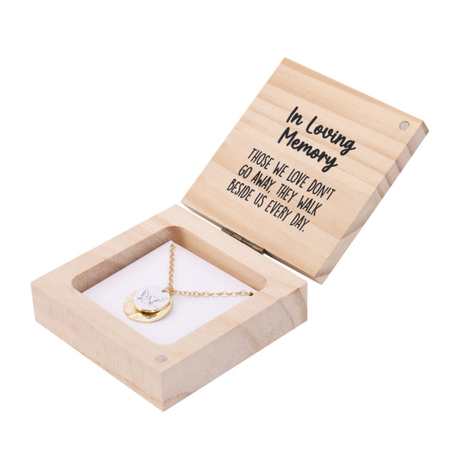 Side angle of Splosh Heart & Soul Necklace – In Loving Memory gift box, highlighting the gold-plated necklace and touching “In Loving Memory” message card inside.