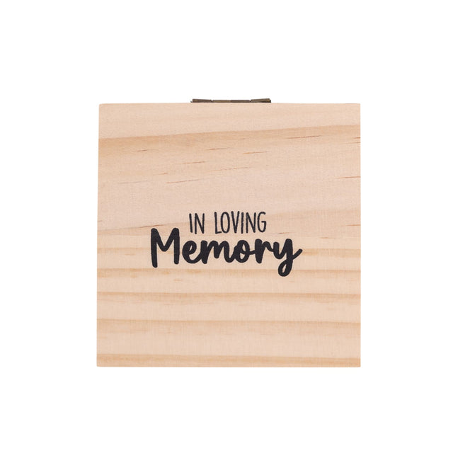 Closed Splosh Heart & Soul wooden jewellery box with elegant “In Loving Memory” message on the lid, symbolising remembrance, love, and connection.