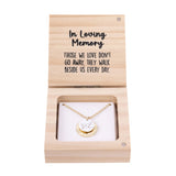 Splosh Heart & Soul Necklace – In Loving Memory displayed in an open wooden gift box with gold-plated necklace and “In Loving Memory” message card inside.
