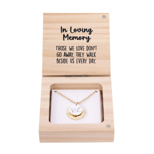 Splosh Heart & Soul Necklace – In Loving Memory displayed in an open wooden gift box with gold-plated necklace and “In Loving Memory” message card inside.
