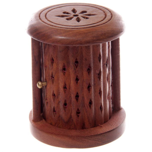 Incense Cone Burner - Barrel Sheesham Wood Carved with Door