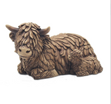 Sitting Hughie Highland Cow & Calf ornament made from hand-painted resin, featuring detailed fur texture in natural brown tones – Highland cow ornament by Lesser & Pavey.