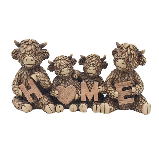 Home Hughie Highland Cow Family ornament made from hand-painted resin, featuring detailed fur texture in natural brown tones – Highland cow ornament by Lesser & Pavey.