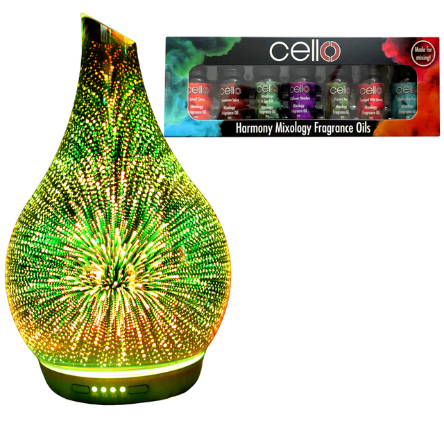 Infinity 3D Glass Ultrasonic Diffuser with Harmony Mixology Oil Set of 7 Pack