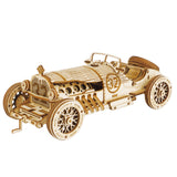 Wooden ROBOTIME ROKR Models Grand Prix Car on a white background