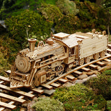 Wooden ROBOTIME ROKR Models Prime Steam Express Train MC501 set on tracks with a natural background