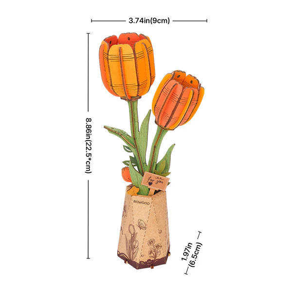 wooden flowers DIY tulip kit with instructions and components laid out on desk