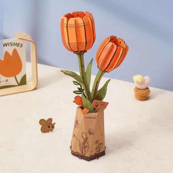 wooden flowers tulip DIY kit displayed on table with warm home décor setting