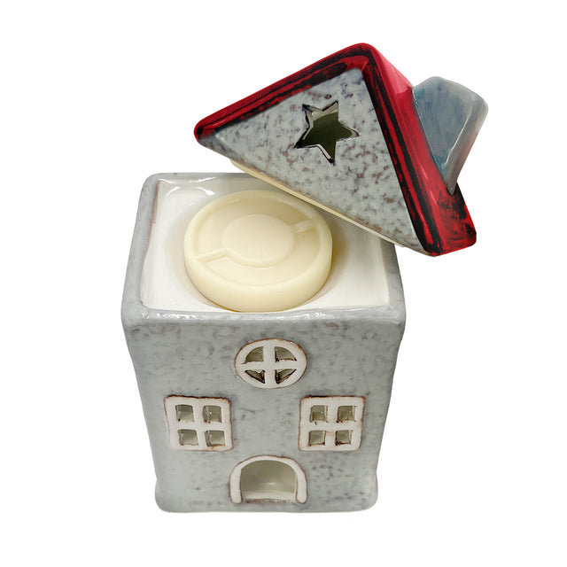 Star Cottage ceramic house in red and grey shown with removable roof for refilling fragrance oils or inserting soy wax melts or wax melts.