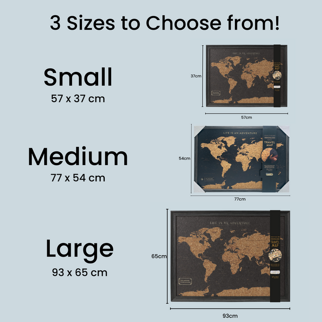 Size guide for splosh black travel maps, with 3 sizes to choose from