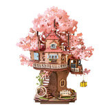 Rolife Sakura Tree House DIY wooden 3D puzzle model with pink blossom tree and detailed treehouse