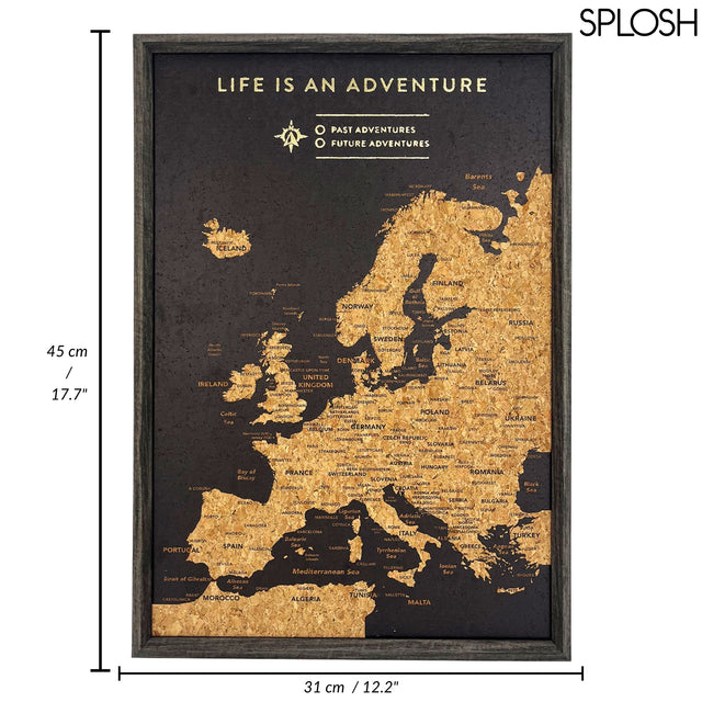 Size chart of Splosh Europe Travel Map XL Desk – pinnable world map and scratch map for personalised travel tracking across Europe.
