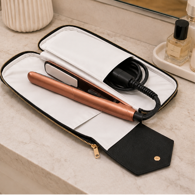 Alice Wheeler heat-resistant hair styling pouch open with straightener and cable compartments