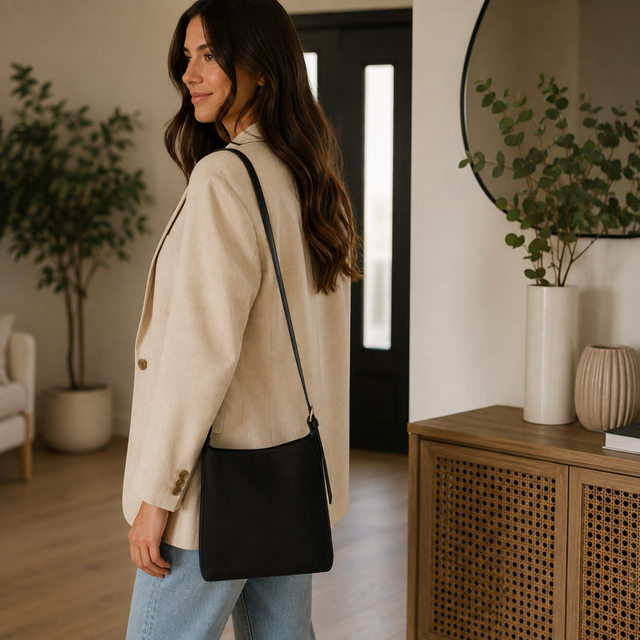 Alice Wheeler Black Mini Hobo Shoulder Bag with suede finish and branded plaque