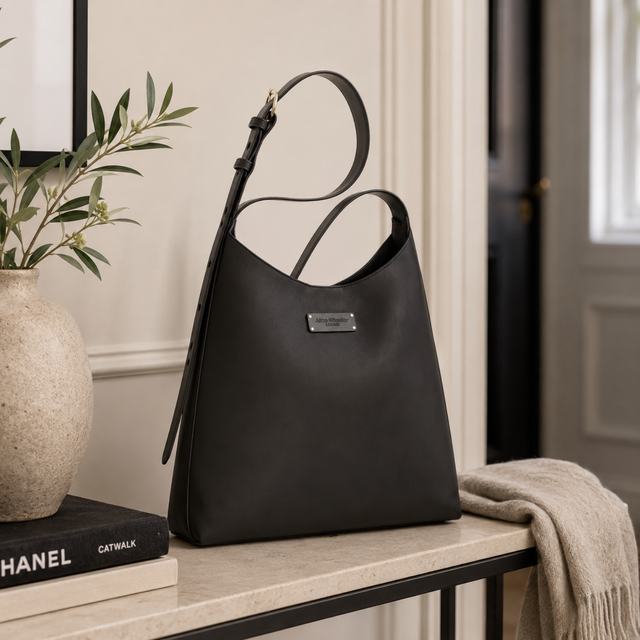 Alice Wheeler Black Suede Hobo Bag styled with an everyday outfit