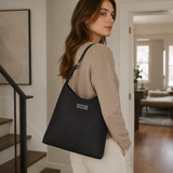 Alice Wheeler Black Suede Hobo Shoulder Bag with signature branded plaque