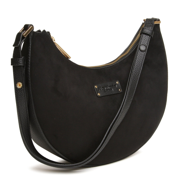Alice Wheeler Black Bag showing vegan suede finish and branded plaque