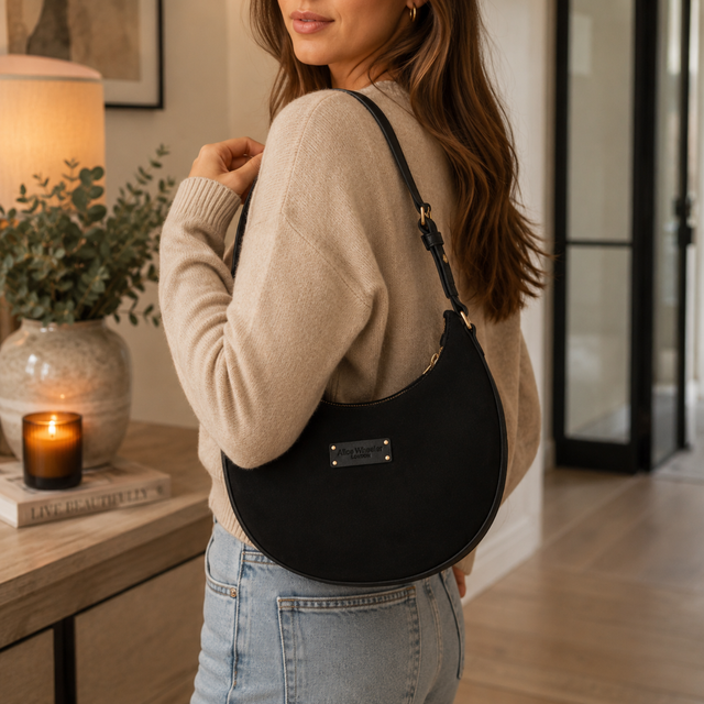Alice Wheeler Black Vegan Suede Shoulder Bag with curved silhouette