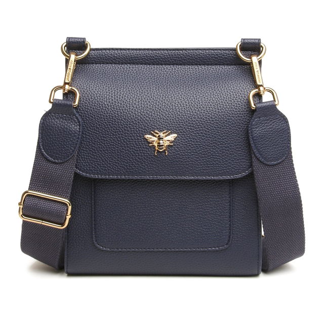 Alice Wheeler Bloomsbury Navy Crossbody Bag with gold bee detail