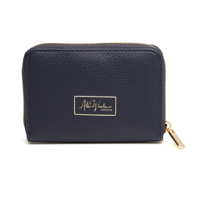 Back view of Alice Wheeler Bromley Navy Purse with branded plaque