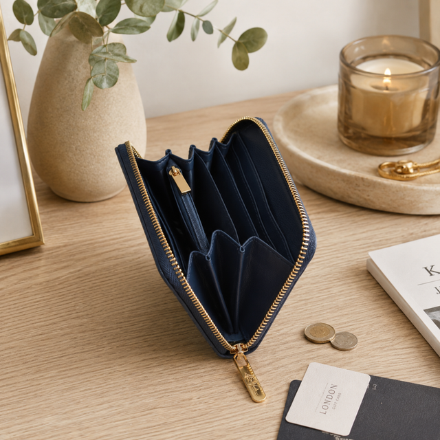 Alice Wheeler Bromley Navy Purse interior for cards, coins and small essentials