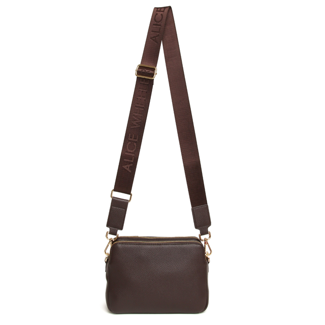 Alice Wheeler Chocolate Brown Crossbody Bag with adjustable branded strap