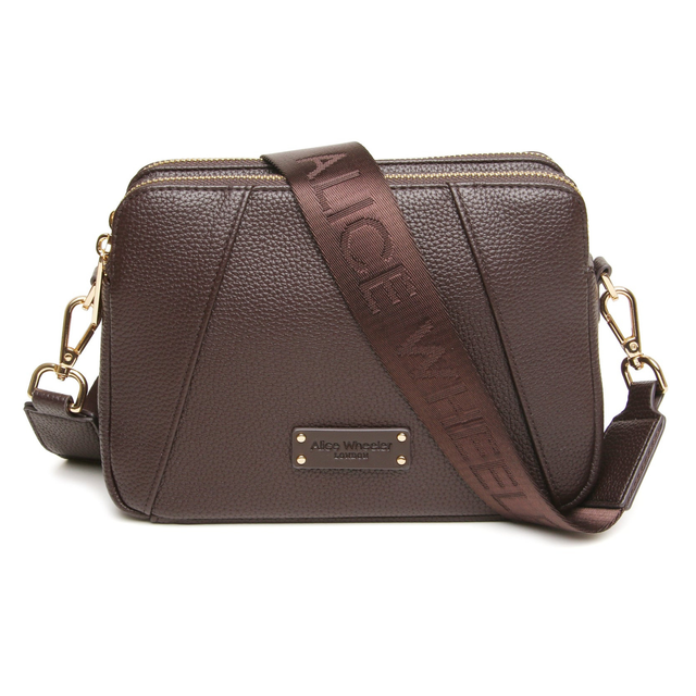 Alice Wheeler Brown Double Zip Crossbody Bag in pebble-grain vegan leather