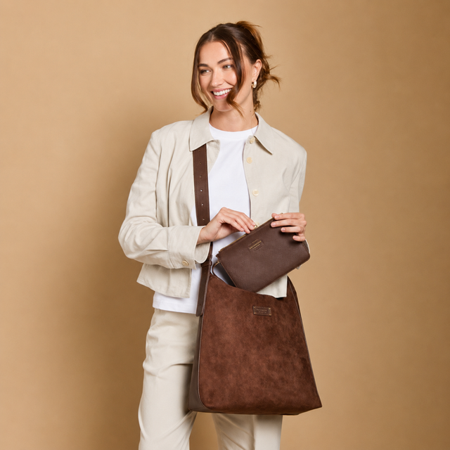 Alice Wheeler Chocolate Brown Suede Hobo Bag styled for everyday wear