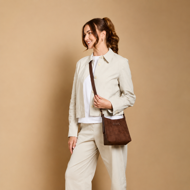 Alice Wheeler Chocolate Brown Suede Mini Hobo Bag styled for everyday wear