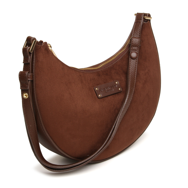 Alice Wheeler chocolate brown shoulder bag with soft suedette finish and vegan leather trim