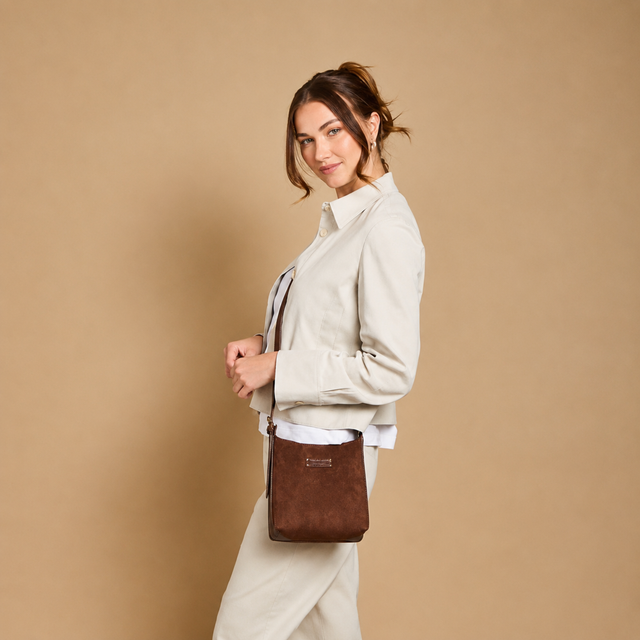 Alice Wheeler Chocolate Brown Mini Hobo Bag with suede finish and branded plaque