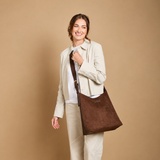 Alice Wheeler Chocolate Brown Suede Hobo Bag with branded plaque