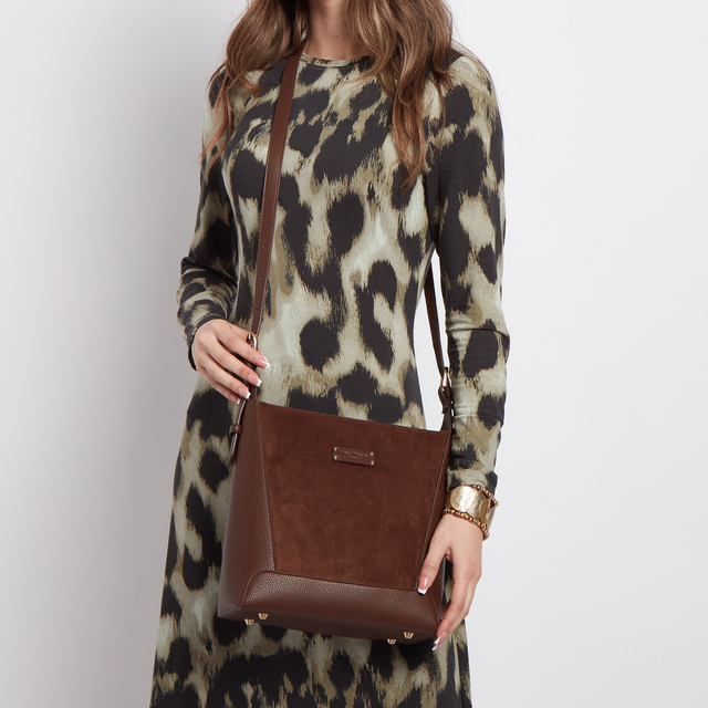 Alice Wheeler Chocolate suedette crossbody handbag styled for shopping, travel and everyday wear