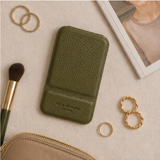 Alice Wheeler folding handbag mirror in Olive with freestanding stand