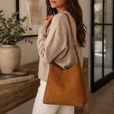 Alice Wheeler Fudge Suede Hobo Shoulder Bag with signature branded plaque