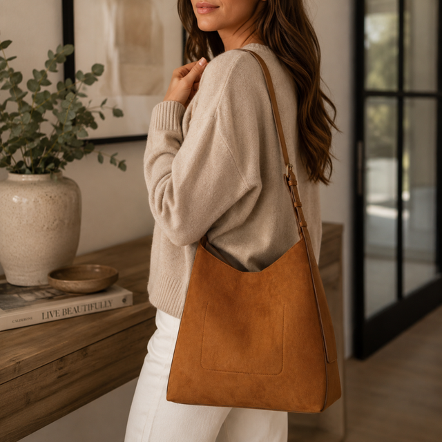 Alice Wheeler Fudge Suede Hobo Shoulder Bag with signature branded plaque